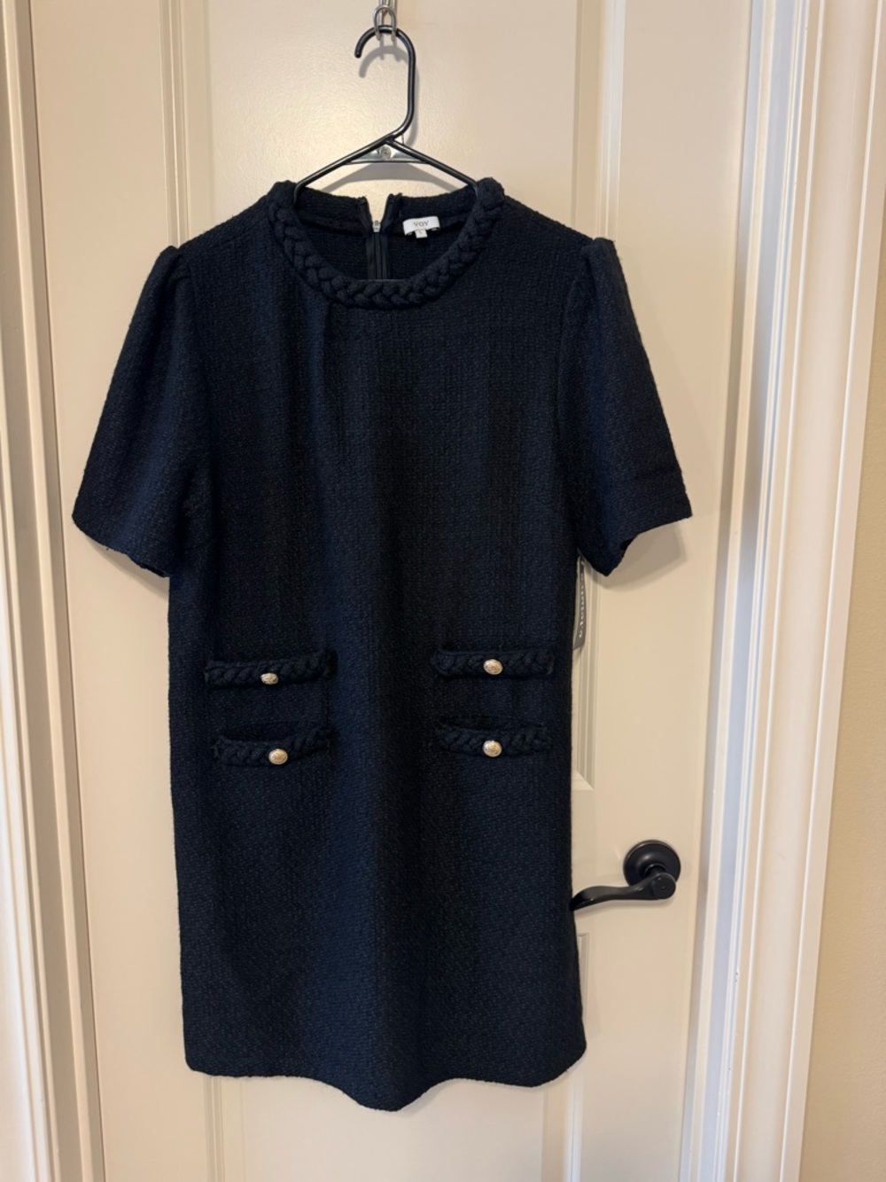 Classic Black Short-Sleeve Shift Dress with Braided Trim
